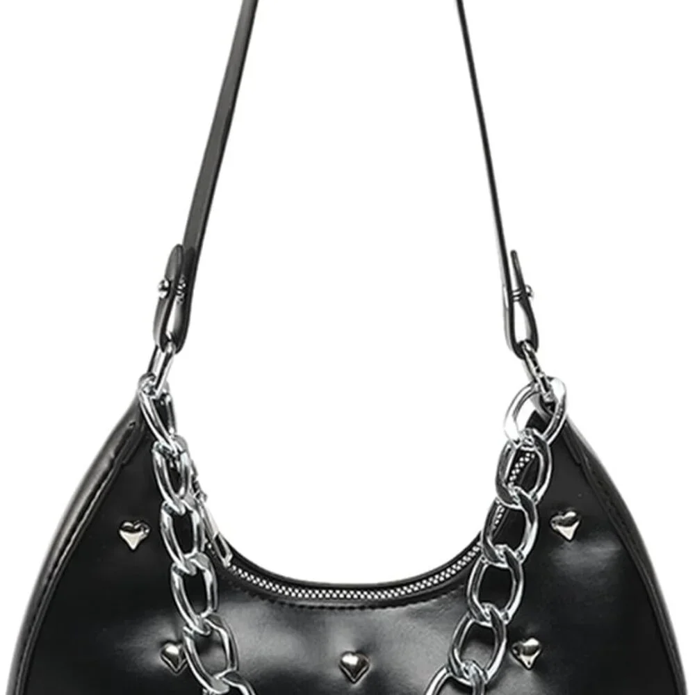 Women's PU Leather Shoulder Bag Metal Chain Rivets Zipper Closure Compact